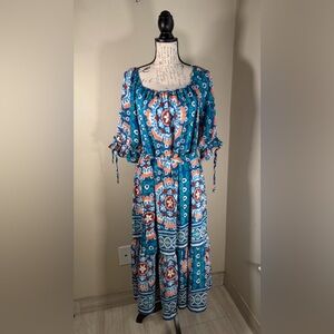 Vibrant Bohemian Midi Dress in Blue and Orange